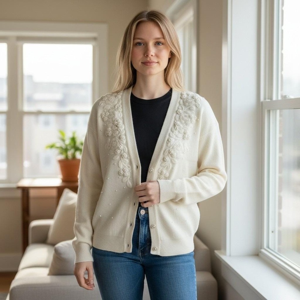 Vtg Handknit Ivory Wool Angora Cardigan Marisa Christina Roses Pearls Cottage PM